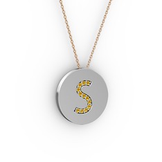 S Baş Harf Kolye - Sitrin 18 ayar beyaz altın kolye (40 cm rose altın rolo zincir) #91vtmh