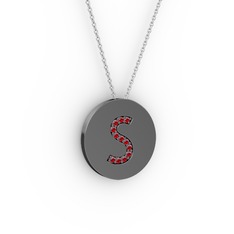 S Baş Harf Kolye - Garnet 925 ayar siyah rodyum kaplama gümüş kolye (40 cm gümüş rolo zincir) #l9fuwc