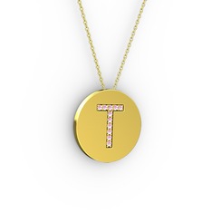 T Baş Harf Kolye - Pembe kuvars 18 ayar altın kolye (40 cm altın rolo zincir) #12yq1nx