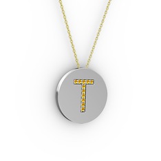 T Baş Harf Kolye - Sitrin 14 ayar beyaz altın kolye (40 cm altın rolo zincir) #135iwpd