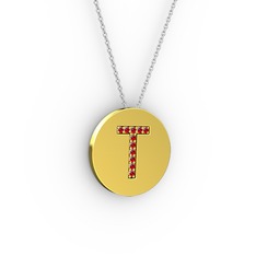 T Baş Harf Kolye - Garnet 925 ayar altın kaplama gümüş kolye (40 cm beyaz altın rolo zincir) #1itc1sj