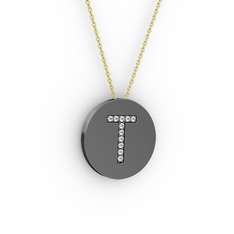 T Baş Harf Kolye - Pırlanta 925 ayar siyah rodyum kaplama gümüş kolye (0.0968 karat, 40 cm gümüş rolo zincir) #1jtjswo