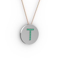 T Baş Harf Kolye - Yeşil kuvars 925 ayar gümüş kolye (40 cm rose altın rolo zincir) #1p788uq