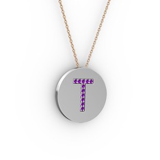 T Baş Harf Kolye - Ametist 925 ayar gümüş kolye (40 cm gümüş rolo zincir) #21xnqu