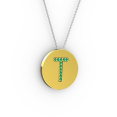 T Baş Harf Kolye - Yeşil kuvars 8 ayar altın kolye (40 cm beyaz altın rolo zincir) #3qcgc2