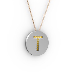 T Baş Harf Kolye - Sitrin 14 ayar beyaz altın kolye (40 cm gümüş rolo zincir) #5kmgtn