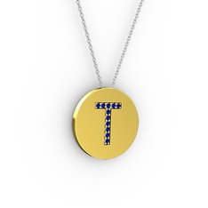 T Baş Harf Kolye - Lab safir 18 ayar altın kolye (40 cm beyaz altın rolo zincir) #6498j1