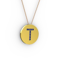 T Baş Harf Kolye - Lab safir 14 ayar altın kolye (40 cm rose altın rolo zincir) #aujb71