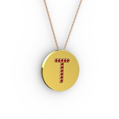 T Baş Harf Kolye - Garnet 14 ayar altın kolye (40 cm rose altın rolo zincir) #ll0o96