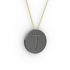 T Baş Harf Kolye - Dumanlı kuvars 925 ayar siyah rodyum kaplama gümüş kolye (40 cm altın rolo zincir) #lw2h3q