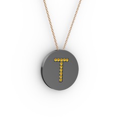 T Baş Harf Kolye - Sitrin 925 ayar siyah rodyum kaplama gümüş kolye (40 cm rose altın rolo zincir) #mqbs3q