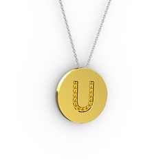 U Baş Harf Kolye - Sitrin 925 ayar altın kaplama gümüş kolye (40 cm beyaz altın rolo zincir) #10zeayj