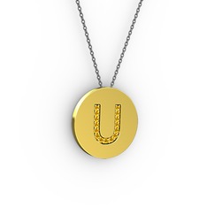 U Baş Harf Kolye - Sitrin 18 ayar altın kolye (40 cm gümüş rolo zincir) #18k2hi3