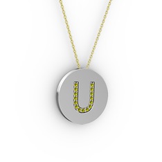 U Baş Harf Kolye - Peridot 14 ayar beyaz altın kolye (40 cm altın rolo zincir) #1f11bk7