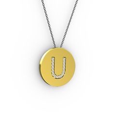 U Baş Harf Kolye - Beyaz zirkon 14 ayar altın kolye (40 cm gümüş rolo zincir) #1kncw06