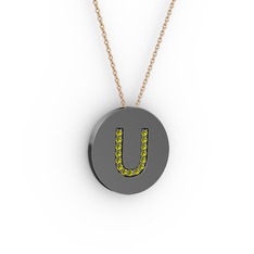 U Baş Harf Kolye - Peridot 925 ayar siyah rodyum kaplama gümüş kolye (40 cm rose altın rolo zincir) #1s6q0q1
