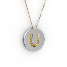 U Baş Harf Kolye - Sitrin 18 ayar beyaz altın kolye (40 cm rose altın rolo zincir) #5gphlh