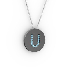 U Baş Harf Kolye - Akuamarin 925 ayar siyah rodyum kaplama gümüş kolye (40 cm gümüş rolo zincir) #63g913