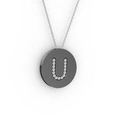 U Baş Harf Kolye - Beyaz zirkon 925 ayar siyah rodyum kaplama gümüş kolye (40 cm gümüş rolo zincir) #6ai2ox