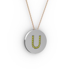 U Baş Harf Kolye - Peridot 18 ayar beyaz altın kolye (40 cm rose altın rolo zincir) #71ys04