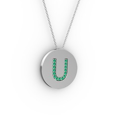 U Baş Harf Kolye - Yeşil kuvars 8 ayar beyaz altın kolye (40 cm gümüş rolo zincir) #9lp6yt
