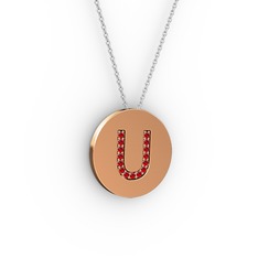 U Baş Harf Kolye - Garnet 18 ayar rose altın kolye (40 cm gümüş rolo zincir) #a7dmrb