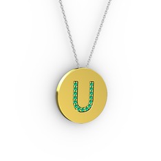 U Baş Harf Kolye - Yeşil kuvars 925 ayar altın kaplama gümüş kolye (40 cm beyaz altın rolo zincir) #f133mc