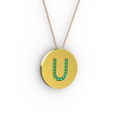 U Baş Harf Kolye - Yeşil kuvars 18 ayar altın kolye (40 cm gümüş rolo zincir) #f7250v