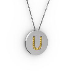 U Baş Harf Kolye - Sitrin 14 ayar beyaz altın kolye (40 cm gümüş rolo zincir) #l9w9z8