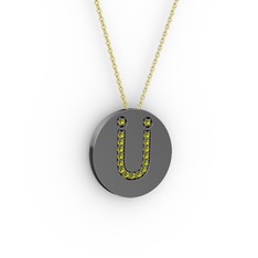 Ü Baş Harf Kolye - Peridot 925 ayar siyah rodyum kaplama gümüş kolye (40 cm altın rolo zincir) #1dyd0hm
