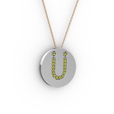 Ü Baş Harf Kolye - Peridot 8 ayar beyaz altın kolye (40 cm gümüş rolo zincir) #1hw9pls