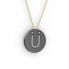 Ü Baş Harf Kolye - Beyaz zirkon 925 ayar siyah rodyum kaplama gümüş kolye (40 cm altın rolo zincir) #1q8undk