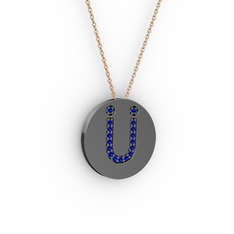 Ü Baş Harf Kolye - Lab safir 925 ayar siyah rodyum kaplama gümüş kolye (40 cm gümüş rolo zincir) #1qavgp5