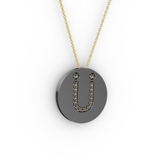 Ü Baş Harf Kolye - Dumanlı kuvars 925 ayar siyah rodyum kaplama gümüş kolye (40 cm altın rolo zincir) #gh0qma