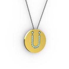 Ü Baş Harf Kolye - Akuamarin 18 ayar altın kolye (40 cm gümüş rolo zincir) #ltkmlf