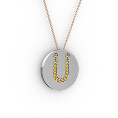 Ü Baş Harf Kolye - Sitrin 14 ayar beyaz altın kolye (40 cm rose altın rolo zincir) #mahgy6