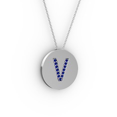 V Baş Harf kolye - Lab safir 18 ayar beyaz altın kolye (40 cm gümüş rolo zincir) #10t47j6