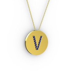 V Baş Harf kolye - Lab safir 18 ayar altın kolye (40 cm gümüş rolo zincir) #11ilut7