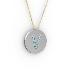 V Baş Harf kolye - Akuamarin 8 ayar beyaz altın kolye (40 cm altın rolo zincir) #12ewix0