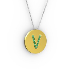 V Baş Harf kolye - Yeşil kuvars 14 ayar altın kolye (40 cm beyaz altın rolo zincir) #1acjg2l