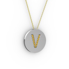 V Baş Harf kolye - Sitrin 8 ayar beyaz altın kolye (40 cm altın rolo zincir) #1b8y4zw