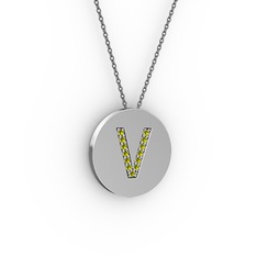 V Baş Harf kolye - Peridot 14 ayar beyaz altın kolye (40 cm gümüş rolo zincir) #1j0eozs