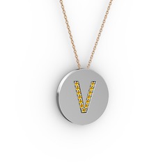 V Baş Harf kolye - Sitrin 14 ayar beyaz altın kolye (40 cm rose altın rolo zincir) #1mxiq2m