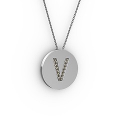 V Baş Harf kolye - Dumanlı kuvars 8 ayar beyaz altın kolye (40 cm gümüş rolo zincir) #1xara7y