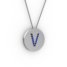 V Baş Harf kolye - Lab safir 14 ayar beyaz altın kolye (40 cm gümüş rolo zincir) #39rznl
