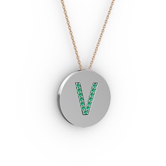 V Baş Harf kolye - Yeşil kuvars 14 ayar beyaz altın kolye (40 cm gümüş rolo zincir) #3ghgqf
