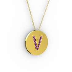 V Baş Harf kolye - Ametist 18 ayar altın kolye (40 cm altın rolo zincir) #itn9lt