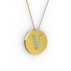 V Baş Harf kolye - Akuamarin 8 ayar altın kolye (40 cm rose altın rolo zincir) #k63u31