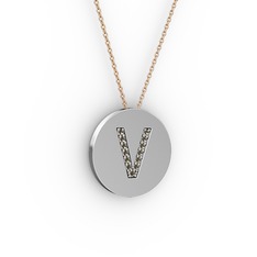 V Baş Harf kolye - Dumanlı kuvars 8 ayar beyaz altın kolye (40 cm rose altın rolo zincir) #kvdw0v
