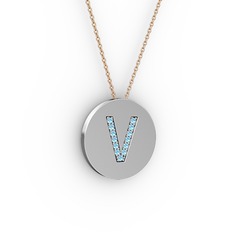 V Baş Harf kolye - Akuamarin 14 ayar beyaz altın kolye (40 cm gümüş rolo zincir) #n3r7u2